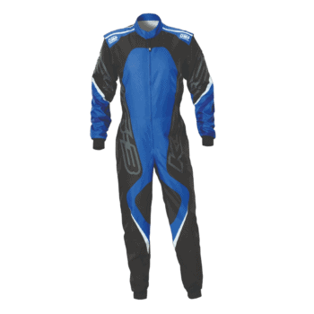 Grand Prix Racewear racing suit in blue and black with logo details, designed for motorsport safety and performance.