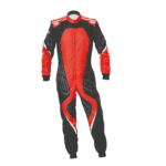 Grand Prix Racewear racing suit in red and black with sponsor logos, designed for motorsport safety and performance.