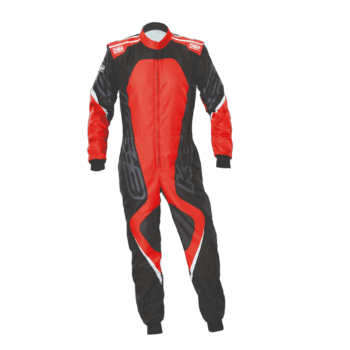 Grand Prix Racewear racing suit in red and black with sponsor logos, designed for motorsport safety and performance.