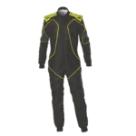 Grand Prix Racewear racing suit in black with yellow accents, designed for motorsport safety and performance.
