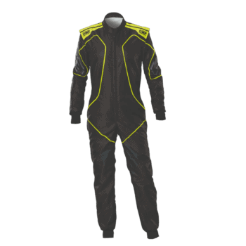 Grand Prix Racewear racing suit in black with yellow accents, designed for motorsport safety and performance.