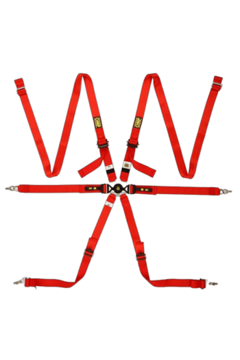 Red Grand Prix racing harness with adjustable straps and metal buckles for safety in motorsport vehicles.