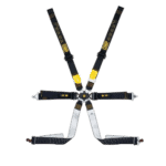 Grand Prix Racewear racing harness with black and yellow straps, quick-release buckle, and adjustable fittings for motorsport safety.