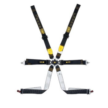 Grand Prix Racewear racing harness with black and yellow straps, quick-release buckle, and adjustable fittings for motorsport safety.