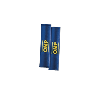 Blue OMP racing knee pads with yellow logo for motorsport safety and protection.