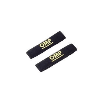 Pair of black OMP racing seat belt pads with gold logo for Grand Prix Racewear.