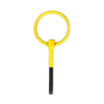 Yellow keyring with a black handle, designed for motorsport safety and quick access, on a black background.