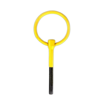 Yellow keyring with a black handle, designed for motorsport safety and quick access, on a black background.
