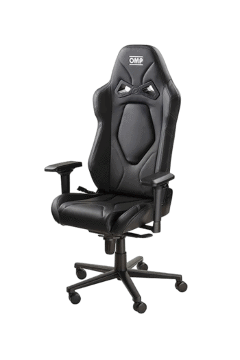 Black racing-style gaming chair with ergonomic design and adjustable armrests, ideal for racing and gaming enthusiasts.