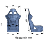 Technical drawing of a racing seat with measurements for width, height, and depth, designed for motorsport safety and comfort.