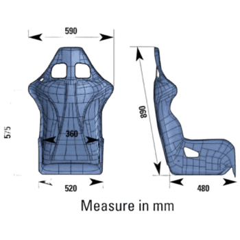 Technical drawing of a racing seat with measurements for width, height, and depth, designed for motorsport safety and comfort.