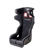 High-performance racing seat from Grand Prix Racewear with OMP safety harness and advanced padding for motorsport safety.