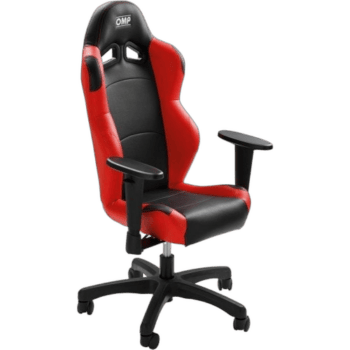 High-performance racing gaming chair with ergonomic design, black and red upholstery, adjustable armrests, and sturdy base for racing enthusiasts.
