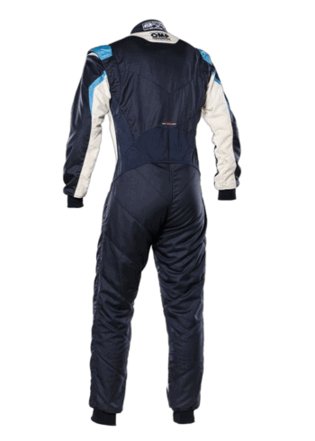Grand Prix Racewear racing suit in navy blue, white, and light blue, designed for motorsport safety and performance.