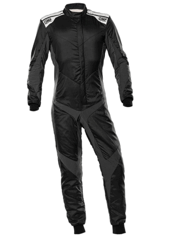 Black Grand Prix Racewear racing suit with white accents, designed for motorsport safety and performance, featuring OMP branding on shoulders.