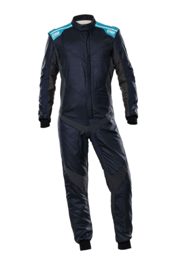 Grand Prix Racewear racing suit in navy blue with light blue accents, designed for motorsport safety and performance.