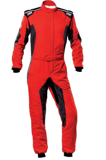 Red Grand Prix racing suit with black accents, designed for motorsport safety and performance, featuring sponsor logos and a high collar.