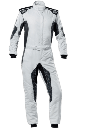Grand Prix Racewear racing suit in white with black accents, designed for motorsport safety and performance.