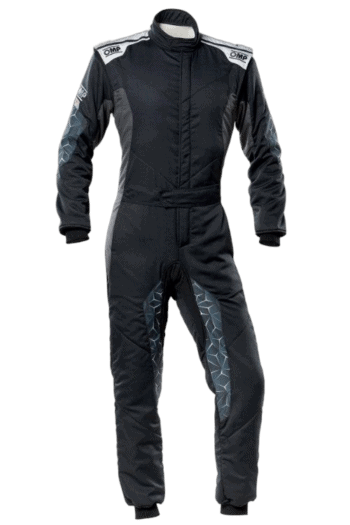 Black Grand Prix Racewear racing suit with OMP branding, designed for motorsport safety and performance.