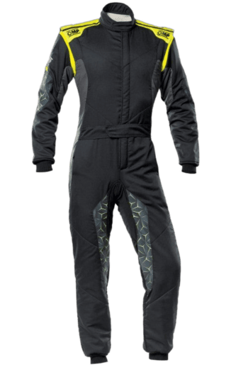 Grand Prix Racewear racing suit designed for motorsport enthusiasts, featuring black and yellow accents for high visibility and safety.