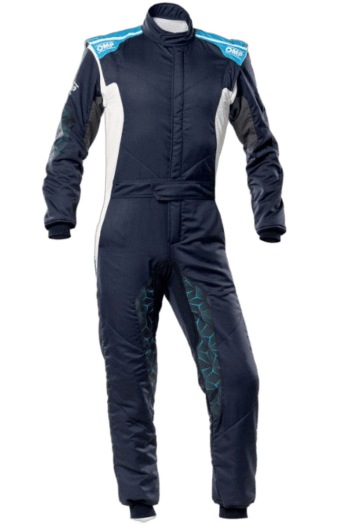 Grand Prix Racewear racing suit in navy blue with white and teal accents, designed for motorsport drivers, featuring sponsor logos and protective padding.