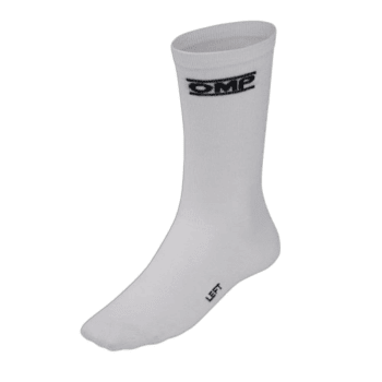 White racing sock with DMC logo and 'LEFT' label, designed for motorsport enthusiasts and racers.