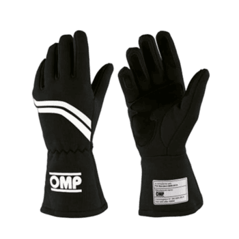 Black racing gloves with white stripes and OMP logo, designed for motorsport safety and performance.
