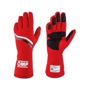 Red racing gloves by Grand Prix Racewear with black and white accents, designed for motorsport safety and performance.