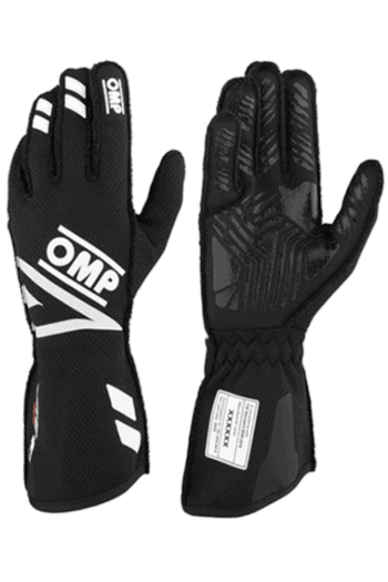 Black OMP racing gloves with white branding and textured grip for motorsport safety and performance.