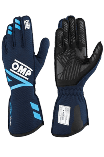 Blue and black Grand Prix racing gloves by OMP, designed for motorsport safety and performance.