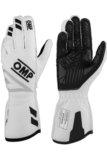 Pair of OMP Grand Prix Racewear racing gloves in white and black, designed for motorsport safety and performance.