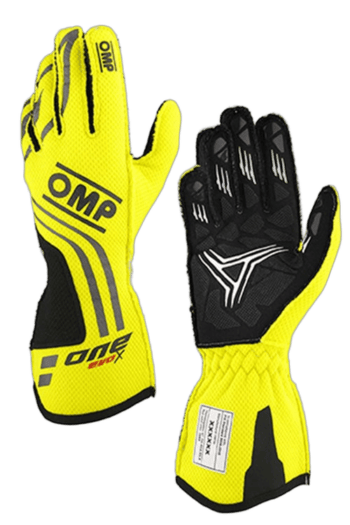 Yellow and black Grand Prix racing gloves by OMP, designed for motorsport safety and performance.