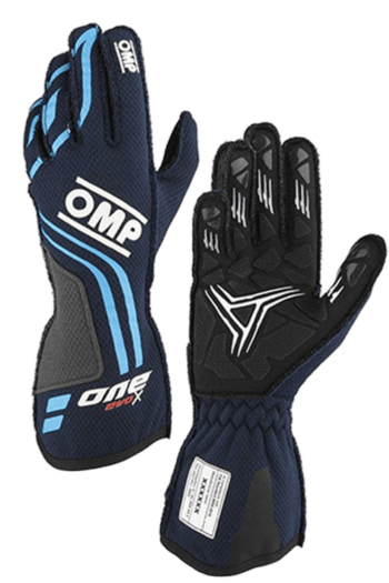 Blue and black OMP racing gloves designed for motorsport, featuring breathable fabric and protective padding for optimal grip and safety.