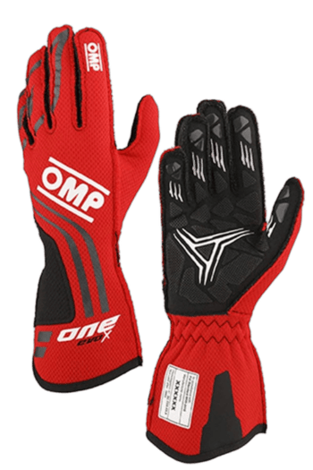 Red and black Grand Prix Racewear racing gloves with OMPO branding, designed for motorsport enthusiasts and professional racers.