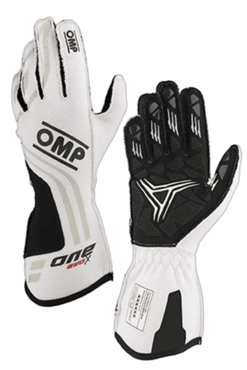 Pair of OMP Grand Prix Racewear racing gloves in white and black, designed for motorsport safety and performance.