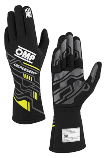Black and yellow OMP racing gloves designed for motorsport, featuring high grip and protection for racewear enthusiasts.