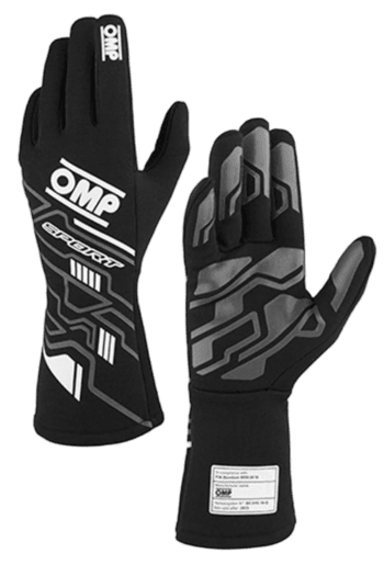 Black OMP racing gloves with white and grey geometric patterns, designed for motorsport safety and performance.