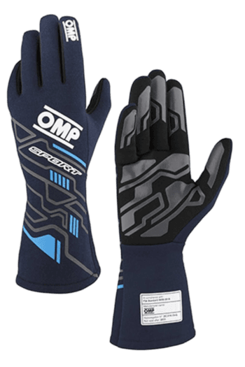 Pair of OMP racing gloves in blue and black with protective padding, designed for motorsport safety and performance.