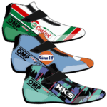 Collection of Grand Prix racing shoes featuring iconic motorsport branding and vibrant designs for motorsport enthusiasts.