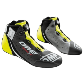 Grand Prix Racewear racing shoes in black, yellow, and grey designed for motorsport enthusiasts and professional racers.