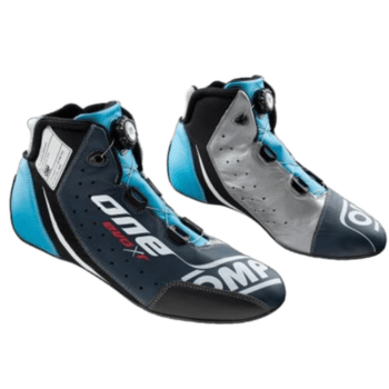 Grand Prix Racewear racing shoes in black, blue, and grey with branding, designed for motorsport enthusiasts and professional racers.