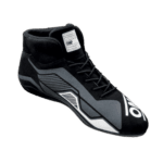 Black and grey Grand Prix Racewear racing shoe with OMP branding, designed for motorsport safety and performance.