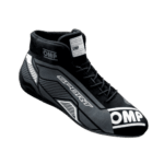 Black OMP Grand Prix Racewear racing shoe with white and grey accents, designed for motorsport performance and safety.