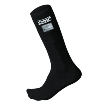Black SMP racing sock designed for motorsport drivers, featuring branding and technical specifications for optimal performance and comfort.