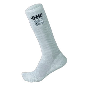 White racing sock with SMP logo, designed for motorsport drivers and enthusiasts.