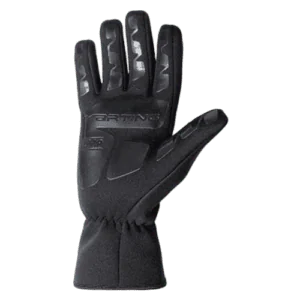Black racing glove with protective padding and grip details, designed for motorsport safety and performance.