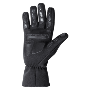 Black racing glove with protective padding and grip details, designed for motorsport safety and performance.