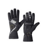 Black racing gloves from Grand Prix Racewear with protective padding and branding for motorsport safety.
