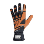 Orange and black OMP racing glove with protective padding, designed for motorsport safety and performance.