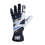 High-performance OMP racing glove with black, white, and blue design, featuring protective padding and grip for motorsport drivers.